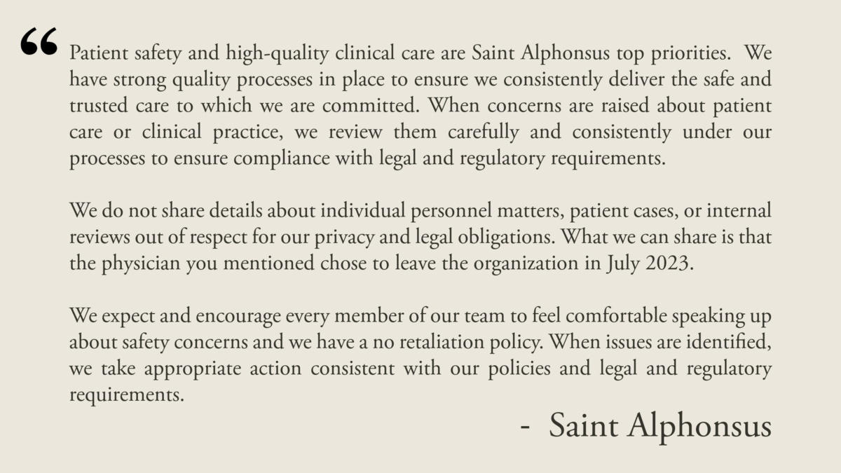 Saint Alphonsus’ full response to inquiries from the Idaho Statesman is above.